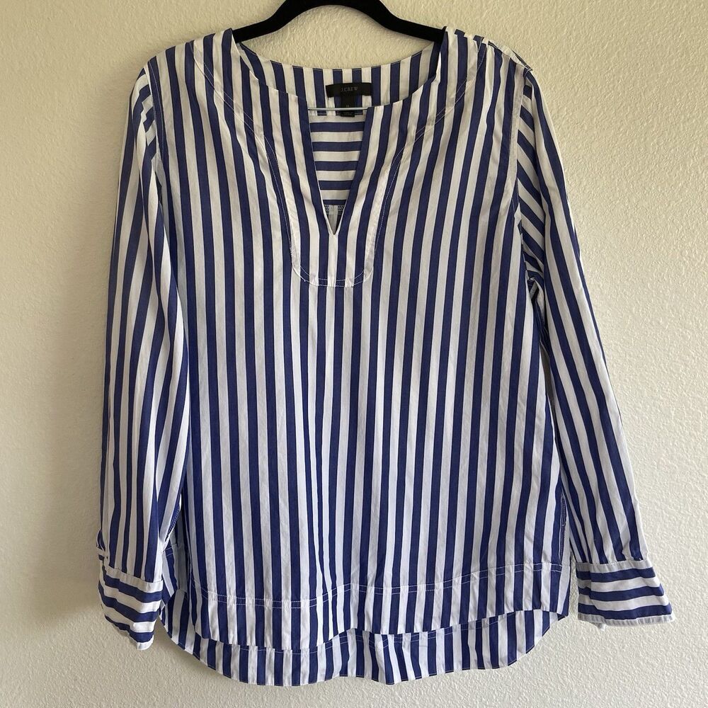 J Crew Stripe Popover Blouse Top Women’s Medium Tunic Blue White Coastal